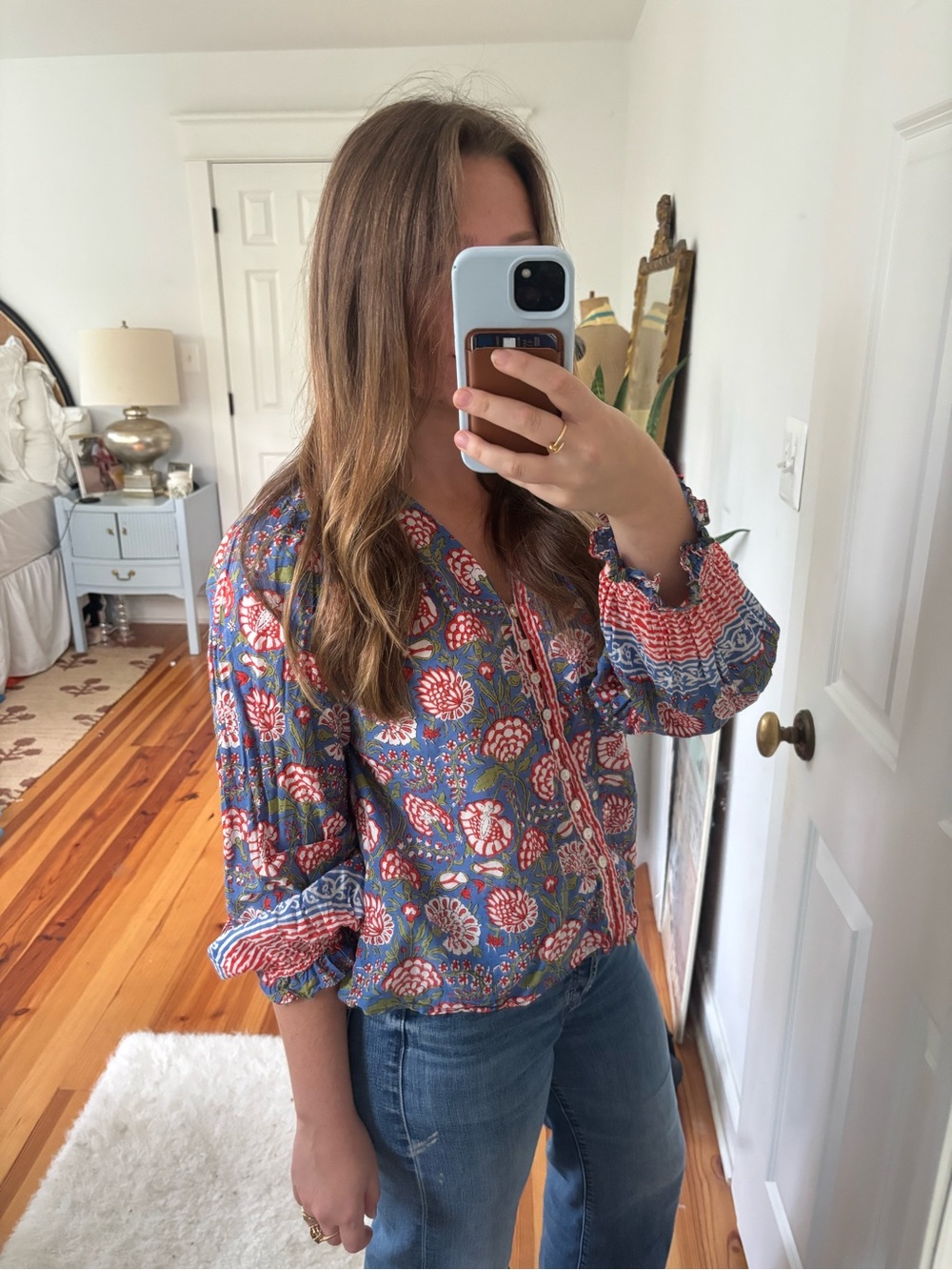 Velvet by Graham & Spencer Blue and Red Floral Peasant Blouse